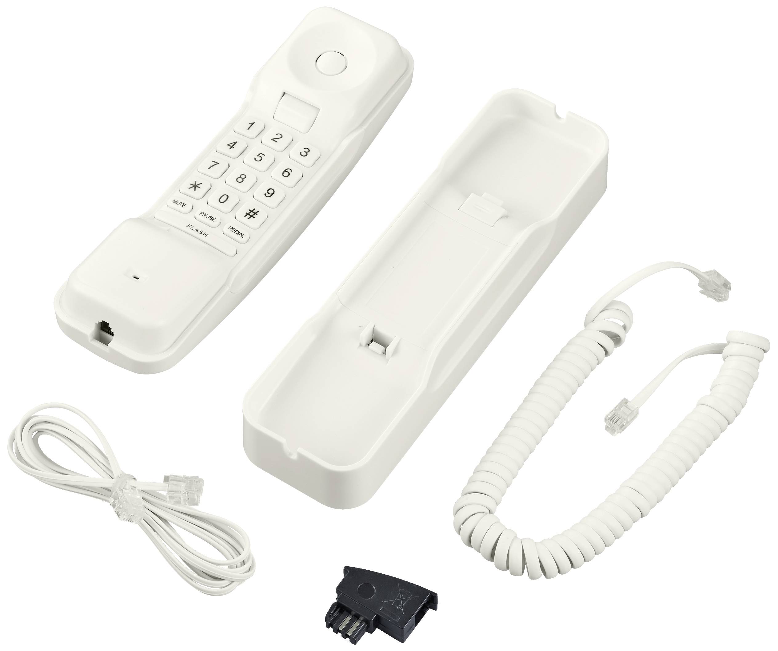 Bijeli telefon s slušalicom, baznom stanicom, spiralnim kabelom, mrežnim kabelom i priključnim adapterom. Idealan za fiksnu telefonsku vezu.