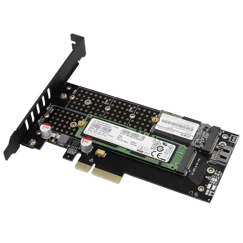 Adapter kartica s dva utora za M.2 SSD module, PCIe priključak pri dnu, tipično korištena za proširenje pohrane u računalima.