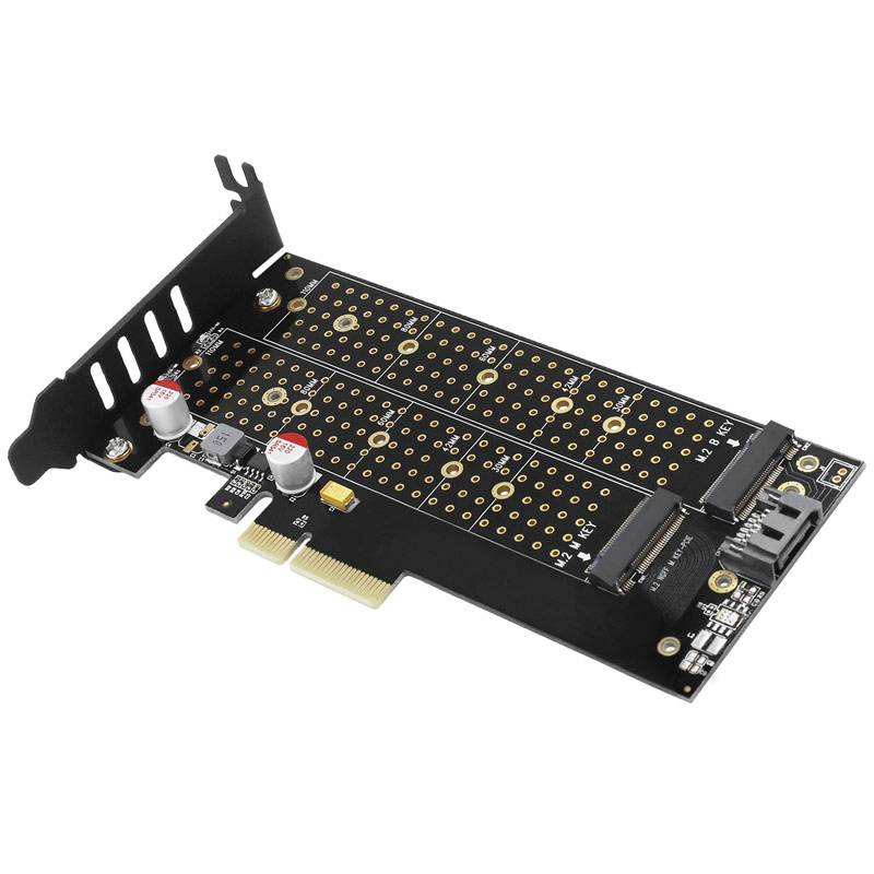 PCIe adapter kartica za M.2 NVMe SSD-ove prikazuje crno-zlatnu karticu s utorima za NVMe uređaje i PCIe priključkom.