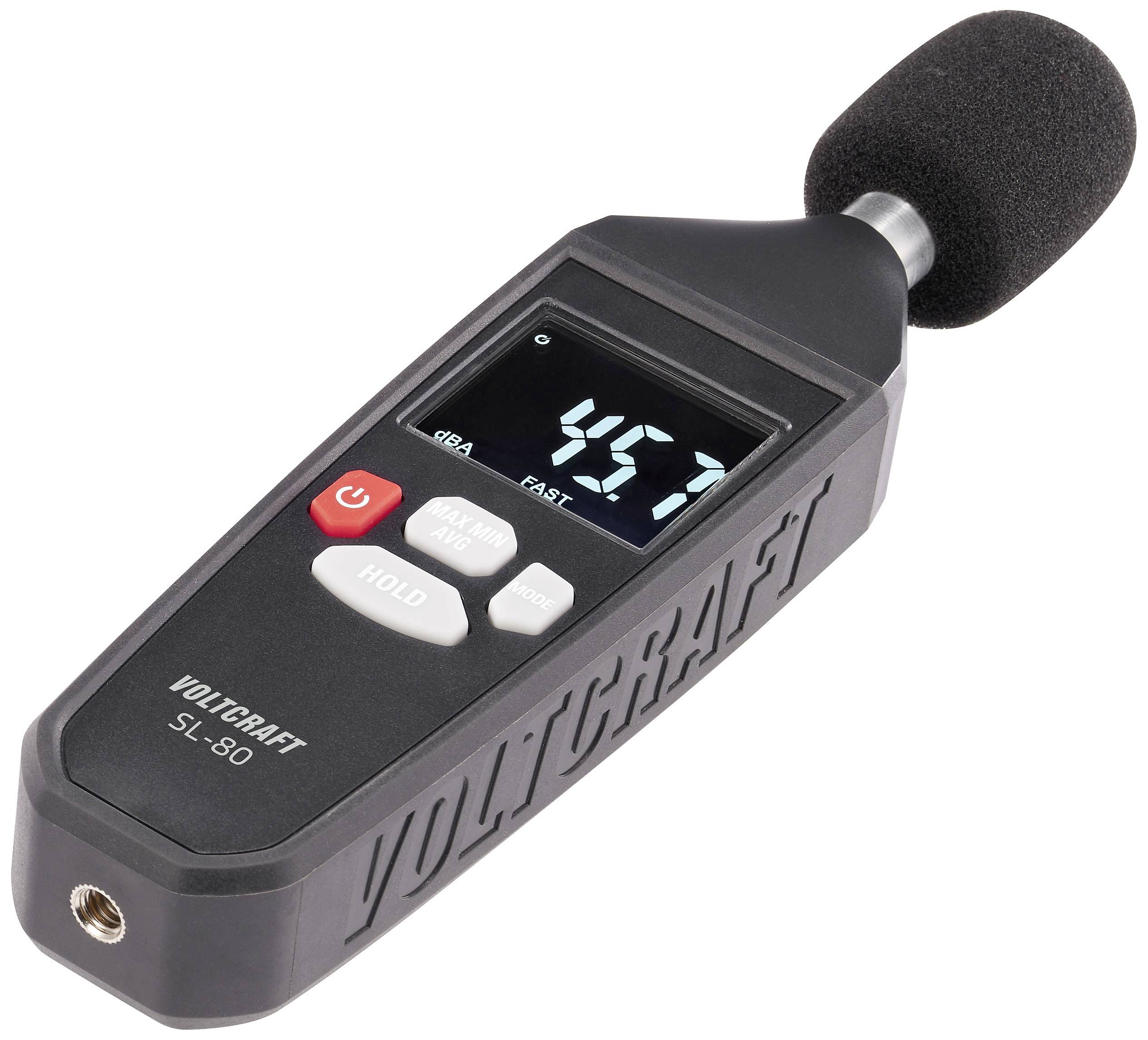 Mjerni uređaj za razinu zvuka pokazuje izmjerenu vrijednost od 45,7 dB. Uređaj ima tipke za uključivanje/isključivanje i zadržavanje mjerenja.