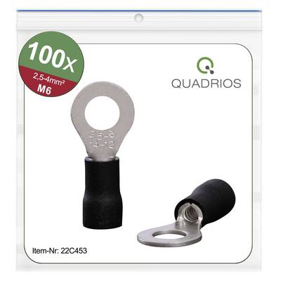 Slika prikazuje paket sa 100 izoliranih kabelskih papučica tvrtke Quadrio. Broj proizvoda: 22C453, veličina: 2,5-4mm², M6.