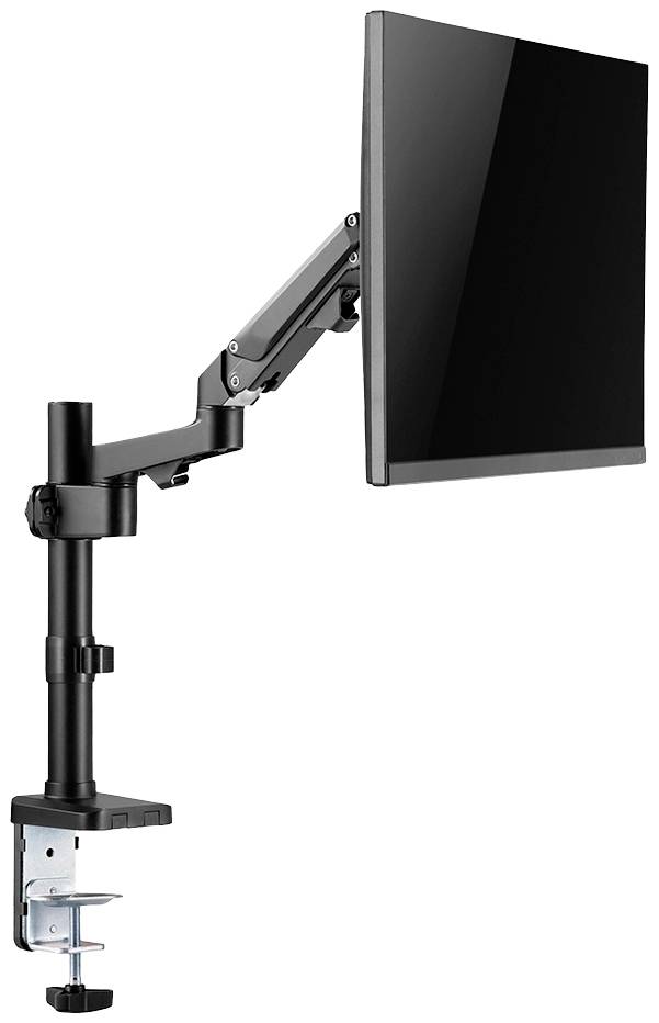 Crni nosač monitora s monitorom pričvršćen na radni stol. Nosač je podesiv i ergonomski oblikovan.