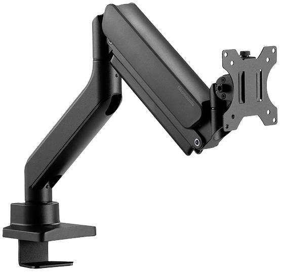 Crni podesivi nosač monitora sa stezaljkom za stol i VESA montažom. Pogodan za ergonomsko postavljanje monitora.