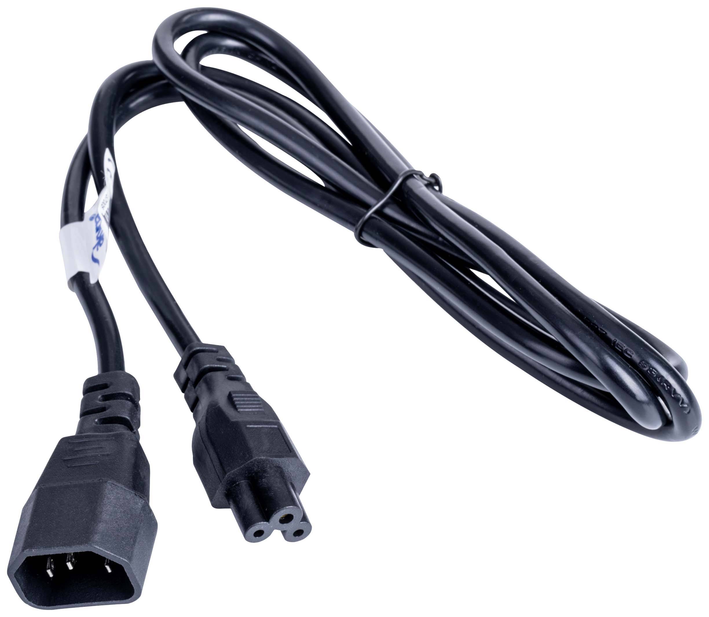Crni mrežni kabel s IEC 60320 C13 utikačem i C5 utikačem, koji se često koristi za prijenosna računala i elektroničke uređaje.