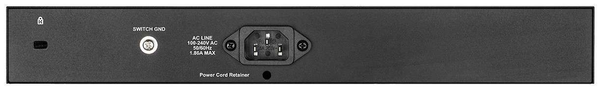 Stražnja strana elektroničkog uređaja s mrežnim prekidačem i priključkom za napajanje. Natpis: 'Retainer za napajanje' pored utičnice.