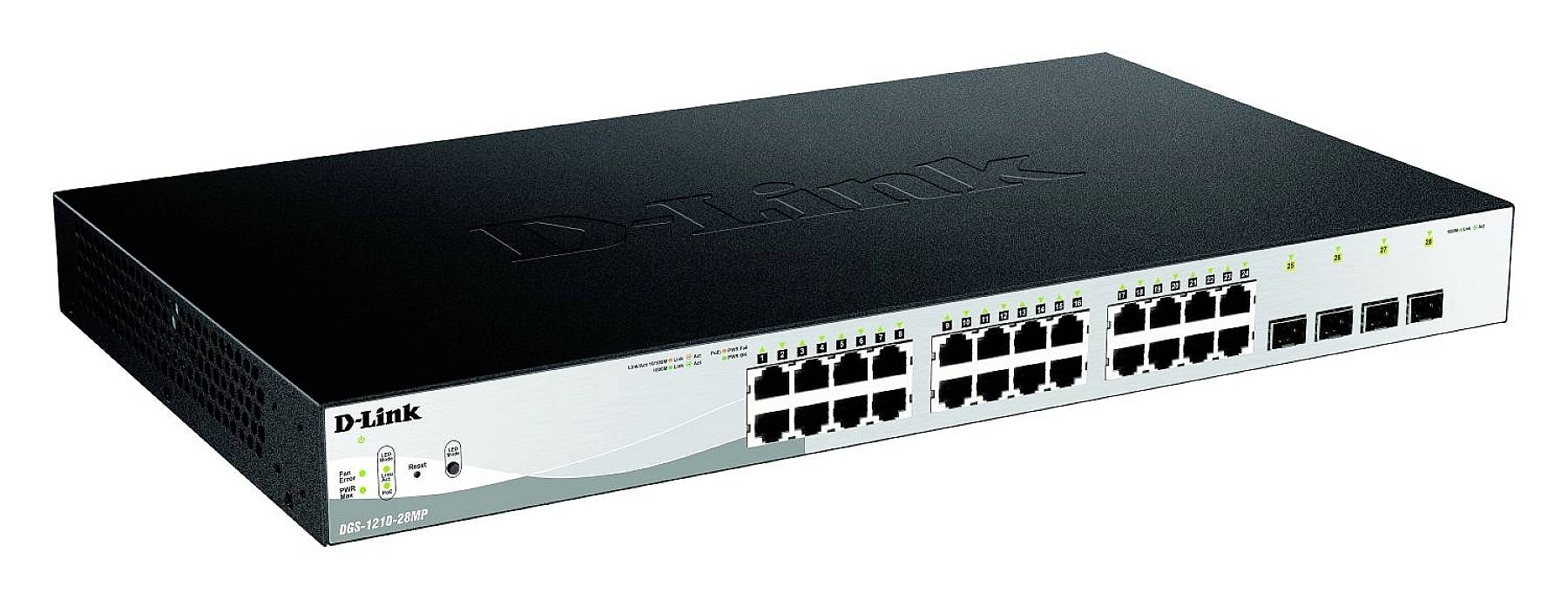 Mrežni switch s 24 Ethernet porta i 4 dodatna priključka na prednjoj strani. Logotip marke u gornjem lijevom kutu uređaja.