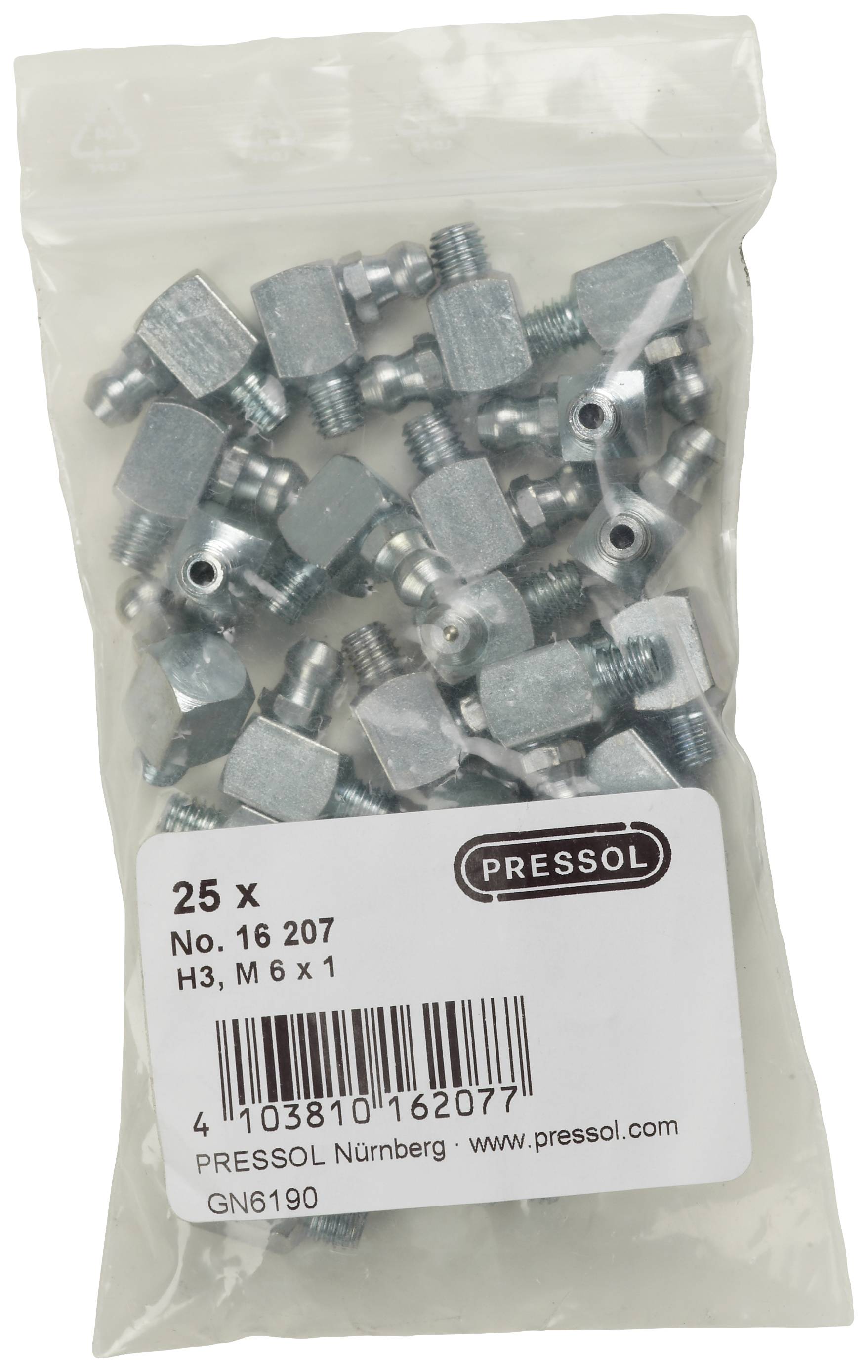 Plastična vrećica sa 25 Pressol mazalica, tip H3, M 6 x 1. Naljepnica pakiranja sadrži informacije o proizvodu i podatke proizvođača.