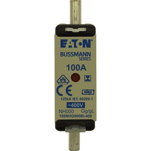 Sigurnosna osigurač marke Eaton Bussmann, 100A, s CE oznakom i električnim specifikacijama.