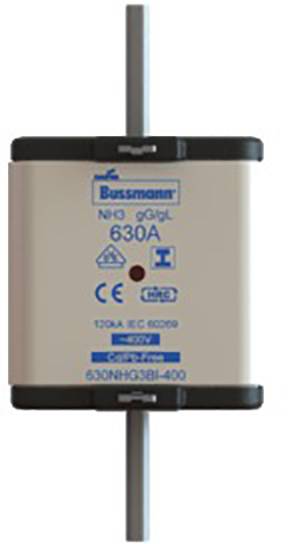 Visokouč na siguran od Bussmanna snage 630A, model NH0 gG/gL. Oznake uređaja i serijski broj su vidljivi.