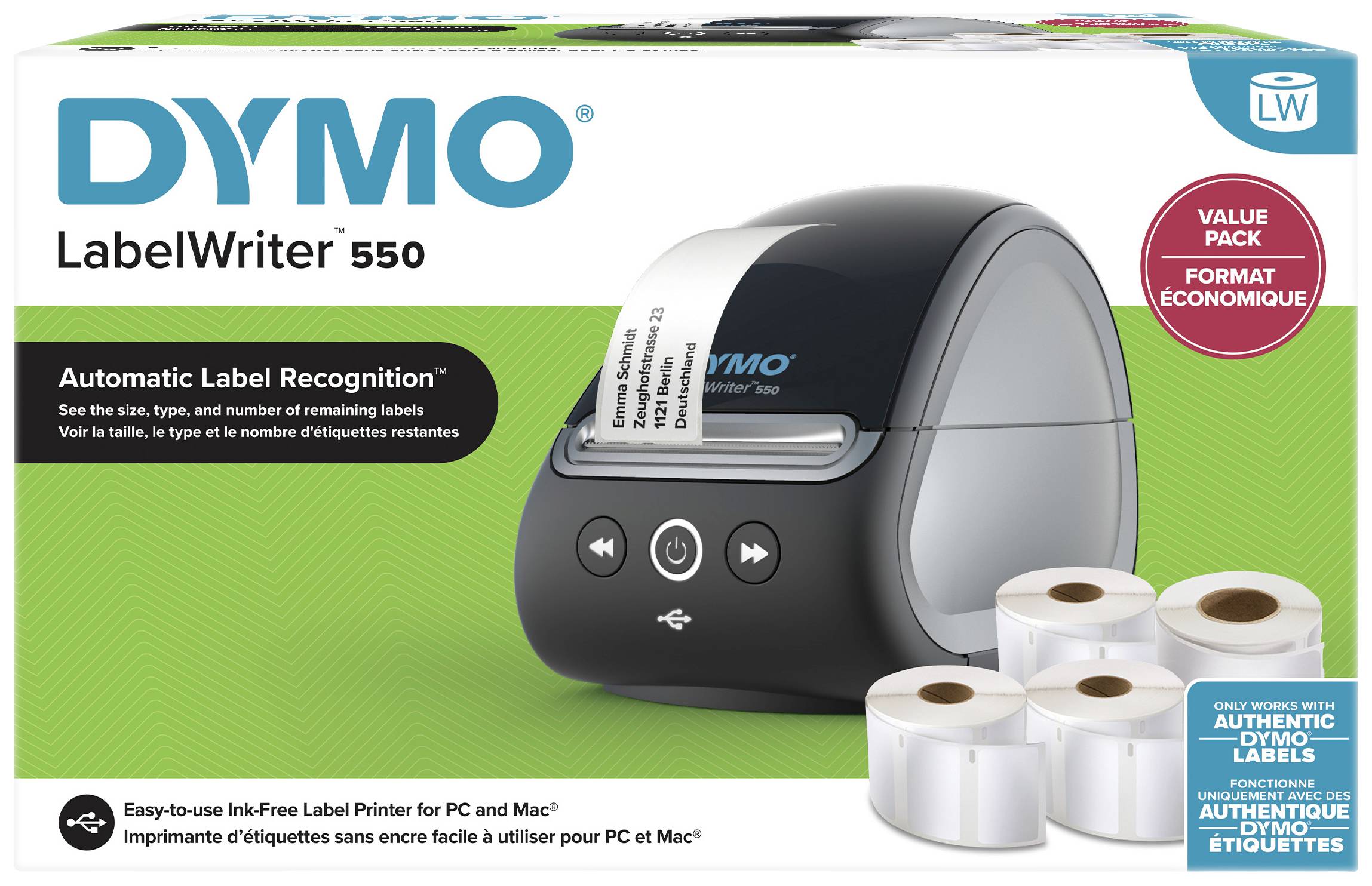 DYMO Labelwriter 550 naljepnice izravna termalna 300 x 300 dpi Širina etikete (maks.): 61 mm paket vrijednosti, USB