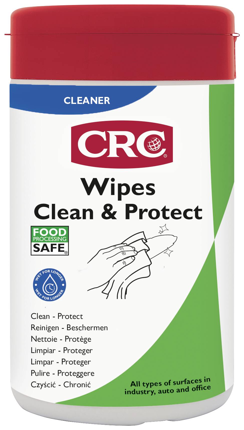 'CRC Wipes Clean & Protect' sredstvo za čišćenje i zaštitu, pogodno za prehrambenu industriju, industrijske i uredske površine.