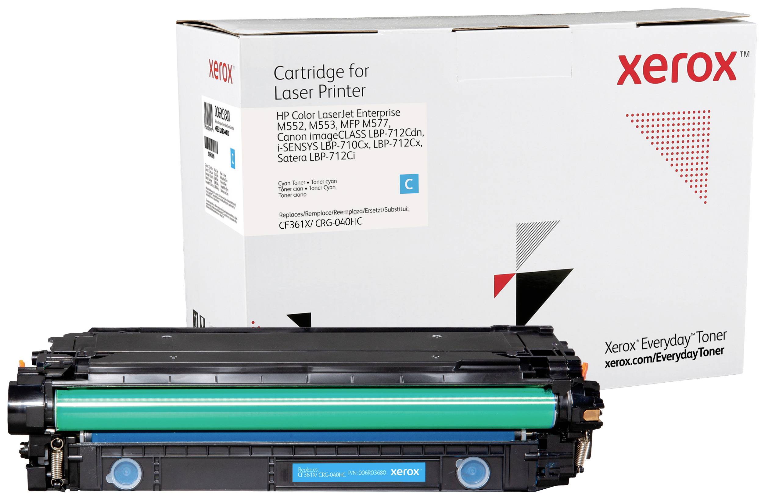Kazeta za laserski printer Xerox, cijan, kompatibilna s HP i Canon pisačima. Ambalaža u pozadini prikazuje brand i informacije o modelu.