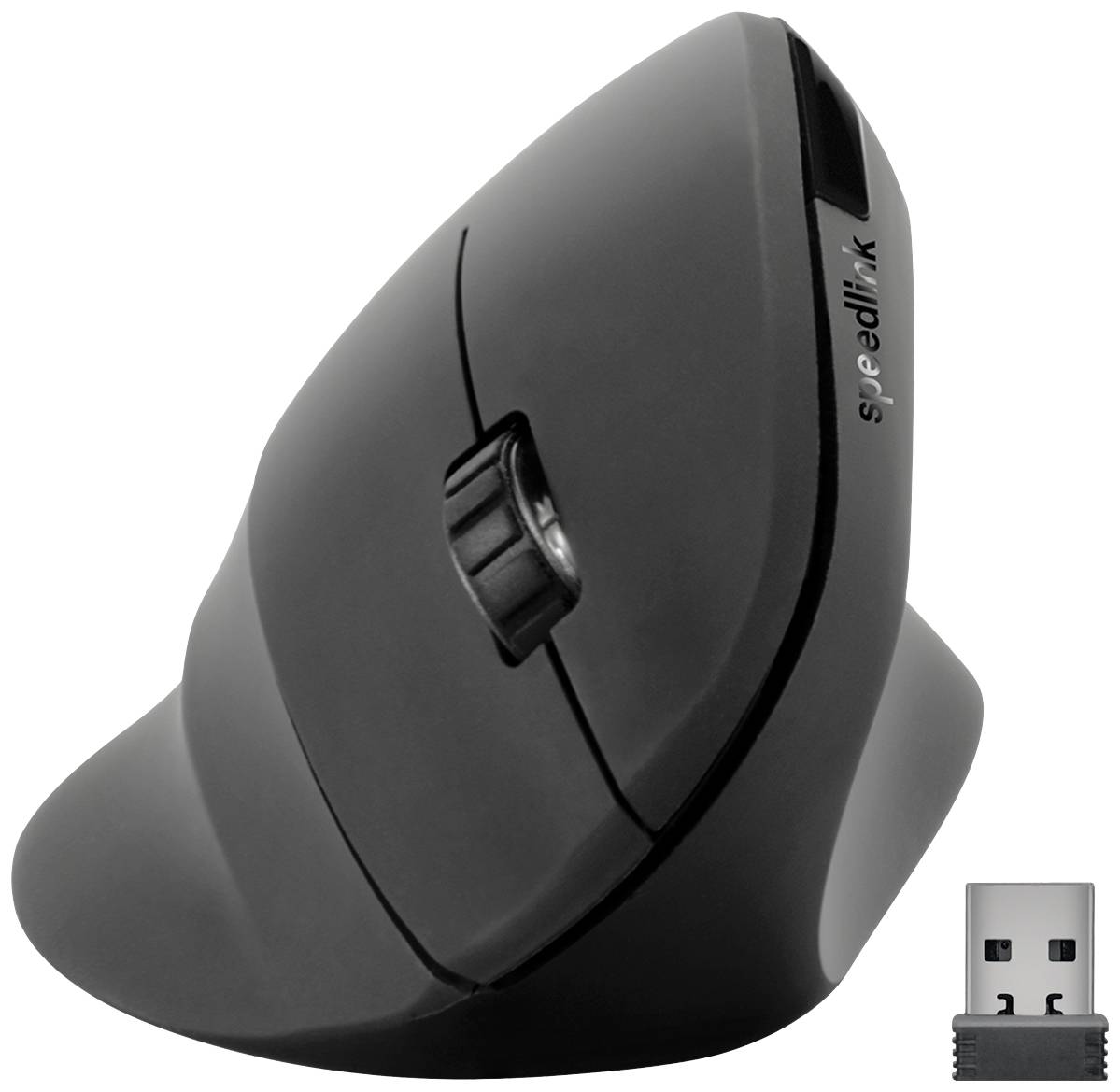 Vertikalna, bežična ergonomska miš u sivoj boji s USB prijemnikom. Pogodna za ugodan rad i smanjenje naprezanja šake.