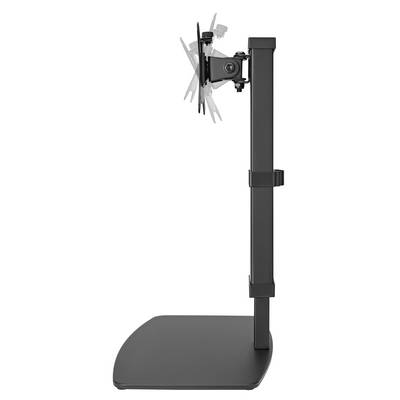 Vertikalni stalak za monitor u crnom aluminijskom dizajnu, prikazuje pokretljivost monitora. Idealan za fleksibilne prilagodbe radnog stola.