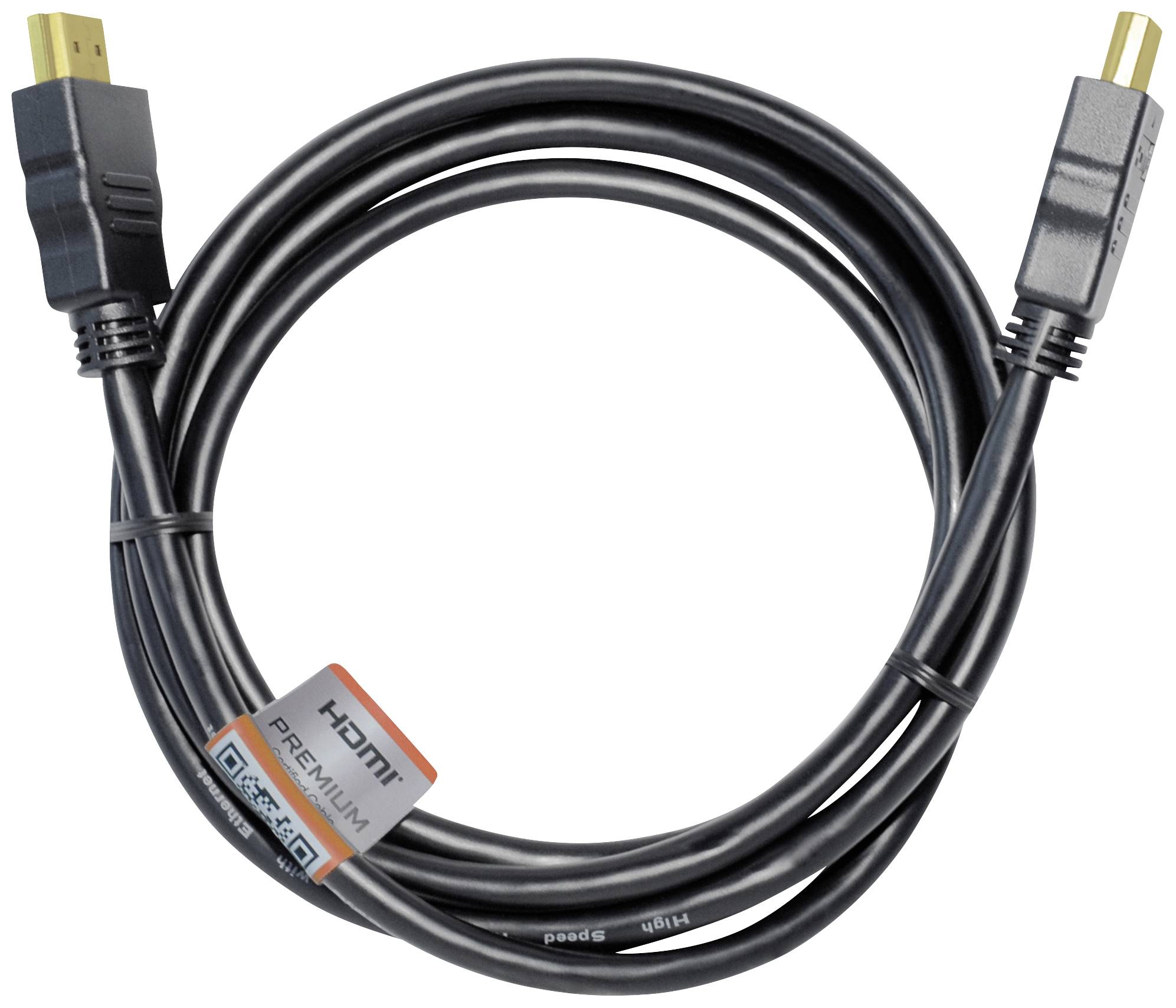 Crni HDMI kabel s Premium naljepnicom i zlatnim priključcima, smotanim u krug. Pogodan za visokokvalitetne video i audio priključke.