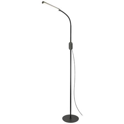 Crna stojeća lampa s vitkim, zakrivljenim dizajnom i tankim svjetlosnim elementom pri vrhu. Pogodna za osvjetljavanje radnih prostora.