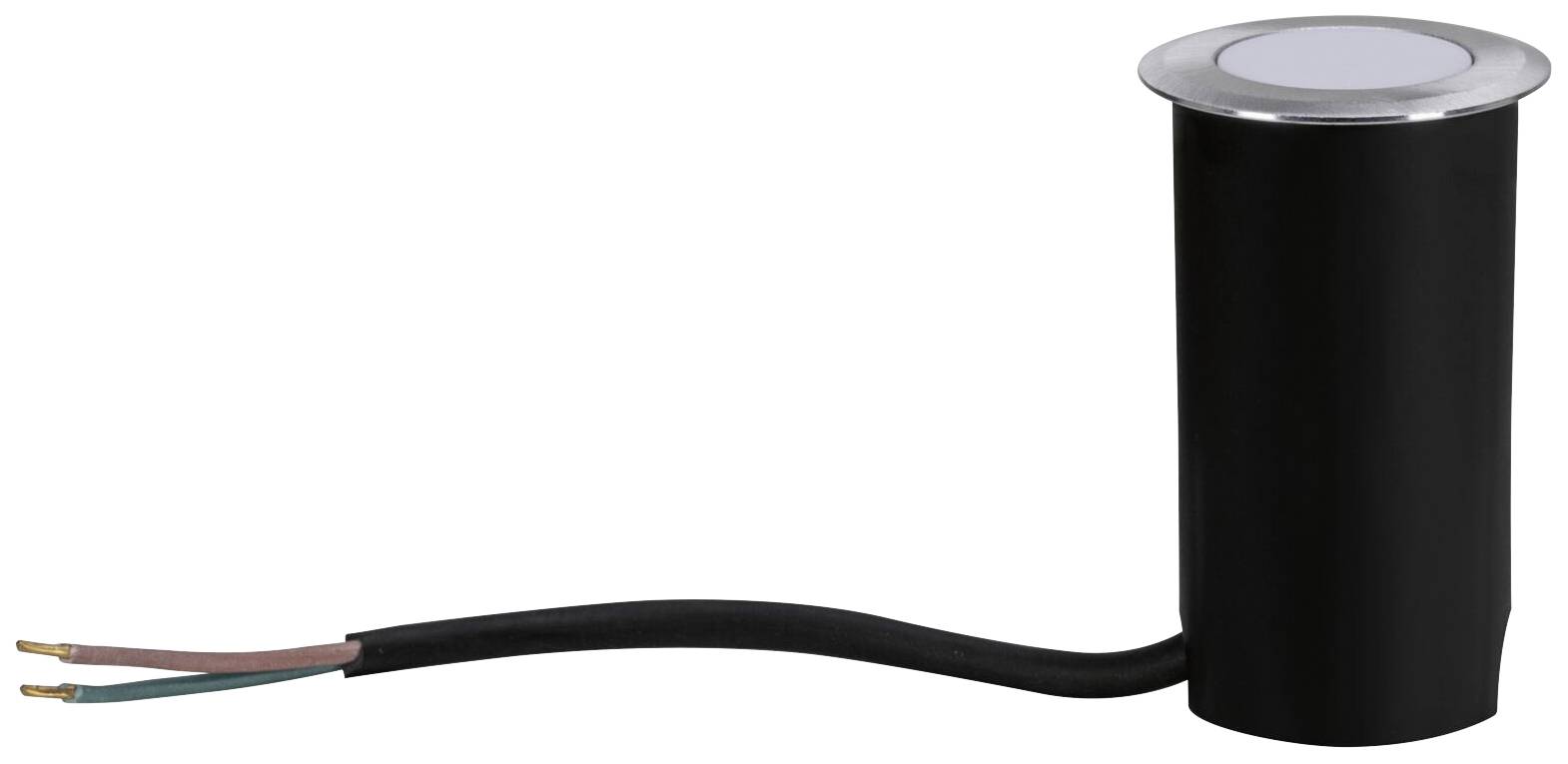 Crni cilindrični LED spot s dva kabla, srebrnim rubom, pogodan za ugradnju u namještaj.