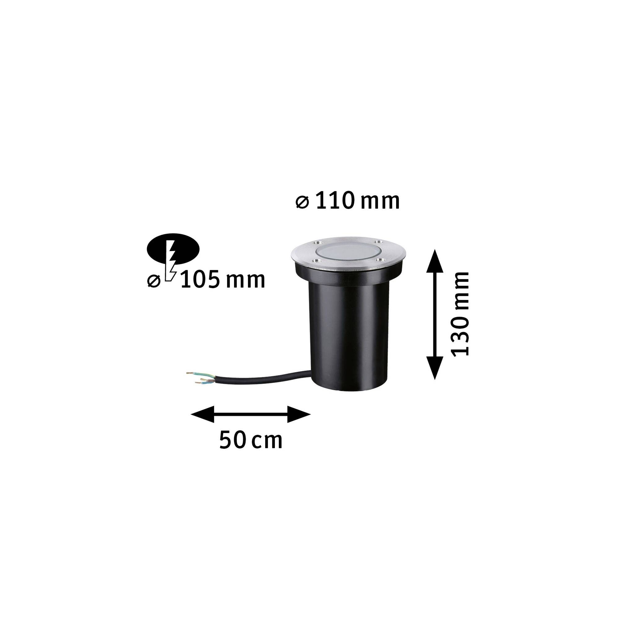 Okrugla crna ugradna svjetiljka, dimenzije: promjer 110 mm, visina 130 mm, odgovarajuće mjere za ugradnju: promjer 105 mm, dubina 50 cm.