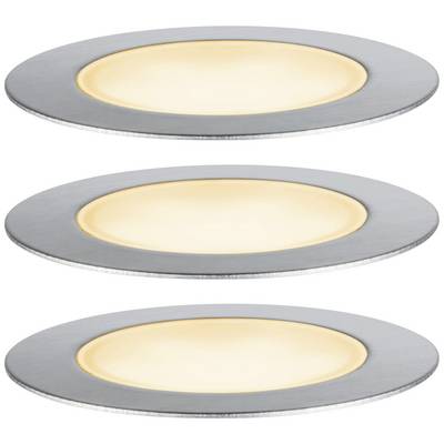Tri okrugle LED ugradbene svjetiljke s toplo bijelom bojom svjetla, ravномjerno raspoređene. Imaju srebrni rub i savršeno se uklapaju u moderne, minimalistički uređene prostore.