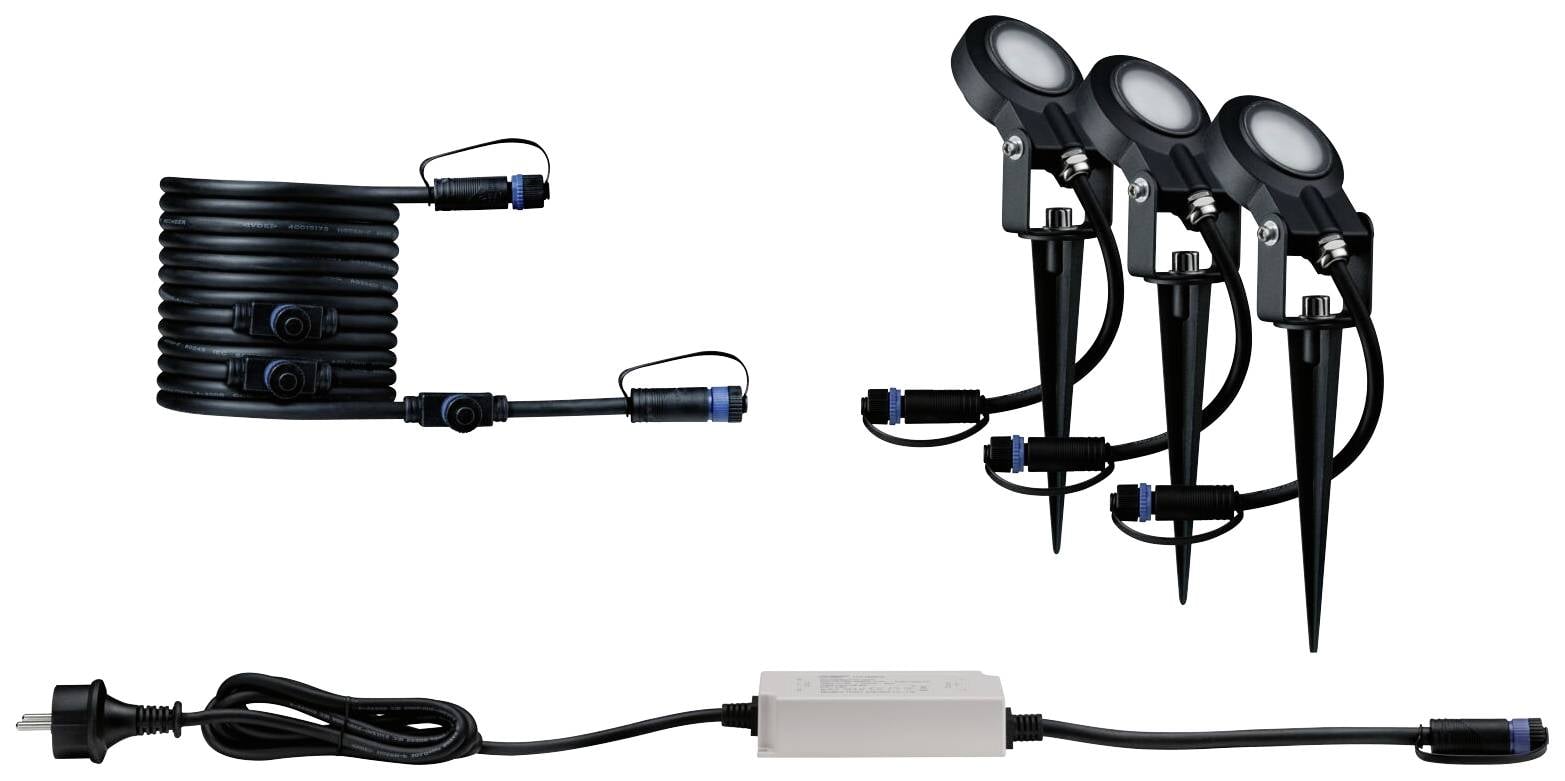 Set od tri vrtne reflektora sземним клиновима, међусобно повезаних kabelima. Dodatni kabel s transformatorom prikazan je dolje.