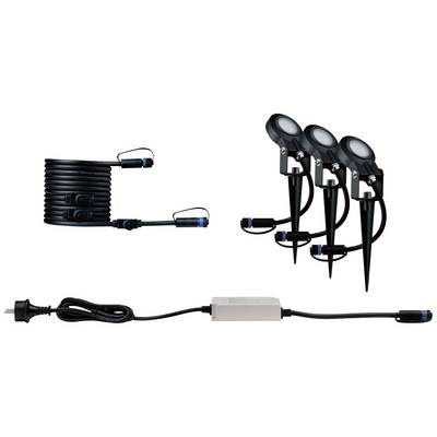 Set od tri vrtne reflektora sземним клиновима, међусобно повезаних kabelima. Dodatni kabel s transformatorom prikazan je dolje.