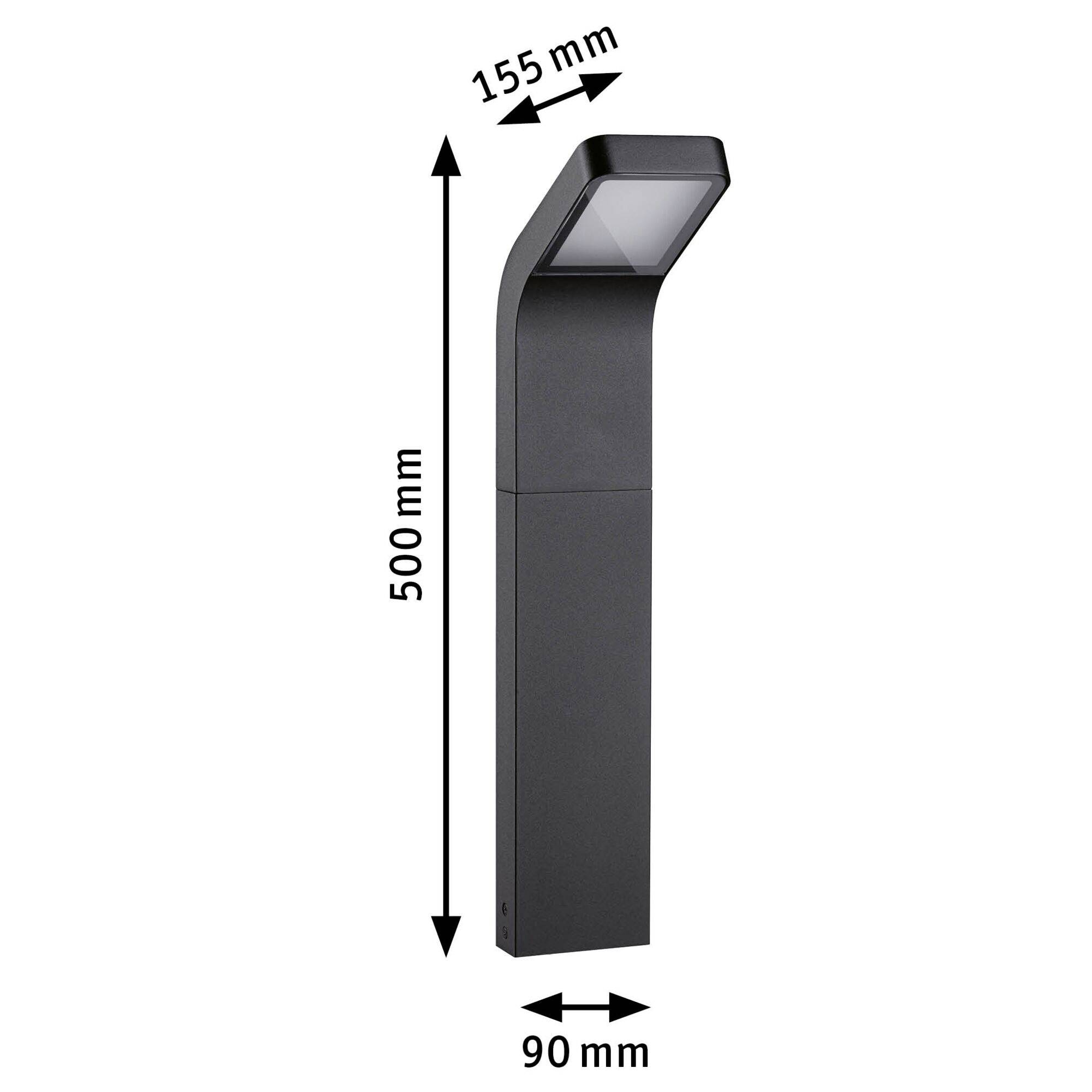 Crna stojeća lampa s pravokutnom glavom i LED osvjetljenjem. Visina 500 mm, širina glave 155 mm, širina postolja 90 mm, pogodna za vanjsku upotrebu.