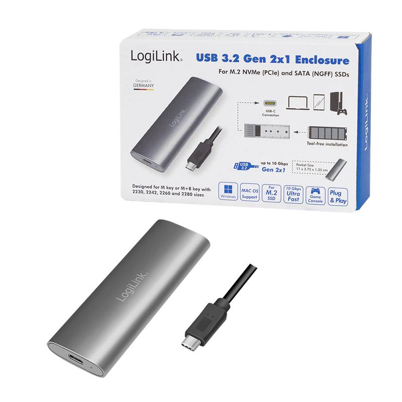 Kućište za M.2 NVMe i SATA SSD-ove, USB 3.2 priključak; kompatibilno s MacOS-om, Windowsima i Linuxom; priključi i koristi; uključuje USB-C kabel.