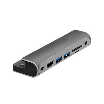Sivi USB hub s više priključaka, uključujući dva USB 3.0 porta, HDMI, čitač SD kartica i USB-C priključak.