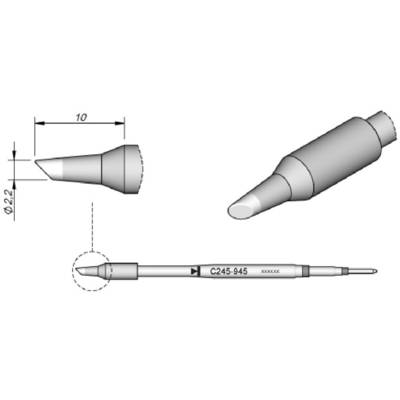 Vrh lemilice C245-945 u tehničkom crtežu, s mjerama 10 mm duljine, vrh promjera 2,2 mm. Pogodan za precizne lemljenje radove.