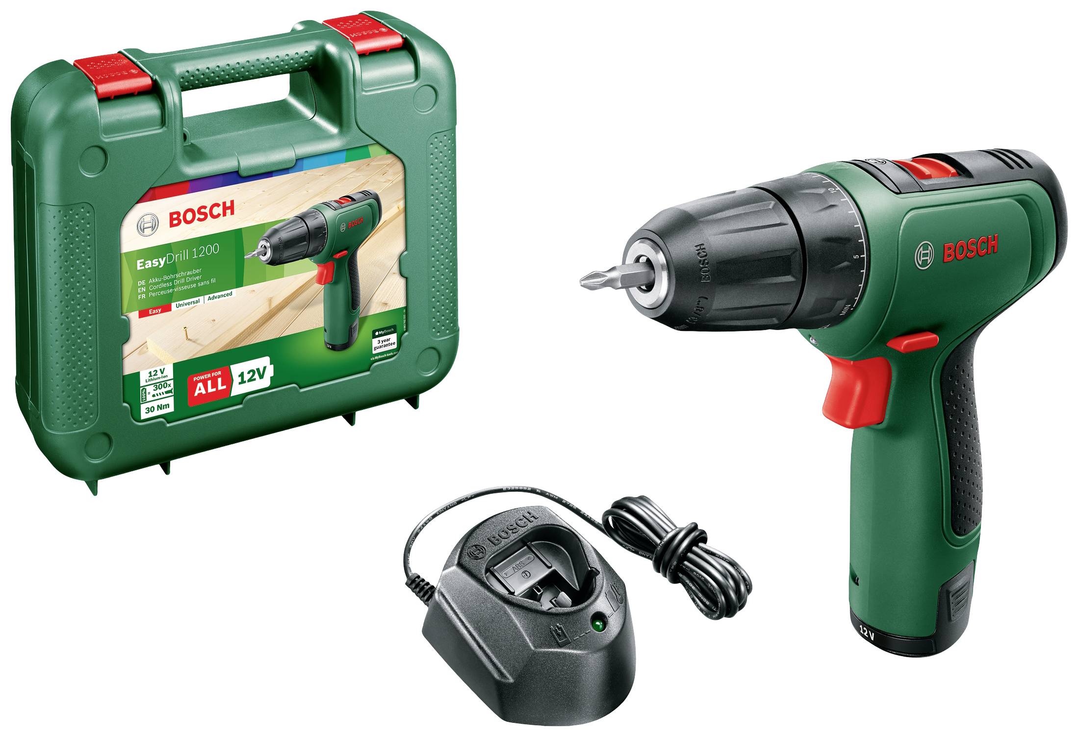 Set akumulatorskog bušilice-vijačice koji se sastoji od bušilice-vijačice, punjača i zelene kutije. Na proizvodu piše 'Bosch EasyDrill 1200'.