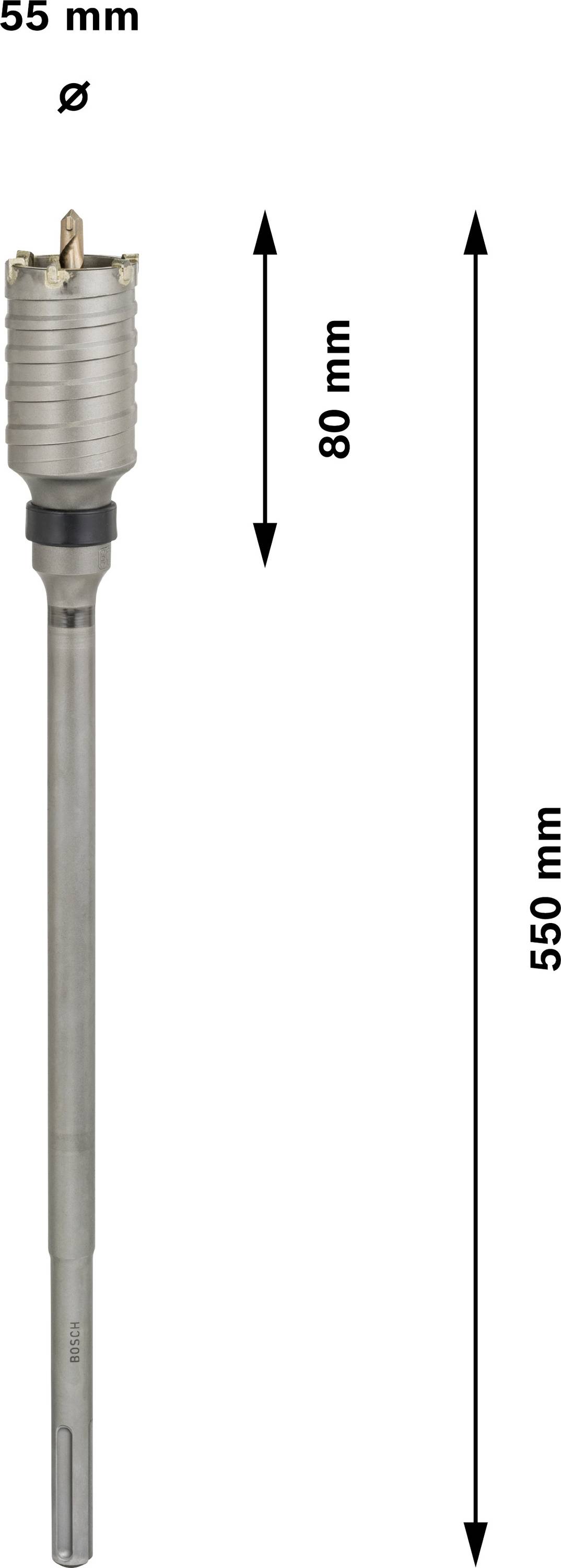 Prikazan je nastavak za udarne bušilice promjera 55 mm, s duljinom glave za bušenje od 80 mm i ukupnom duljinom od 550 mm.