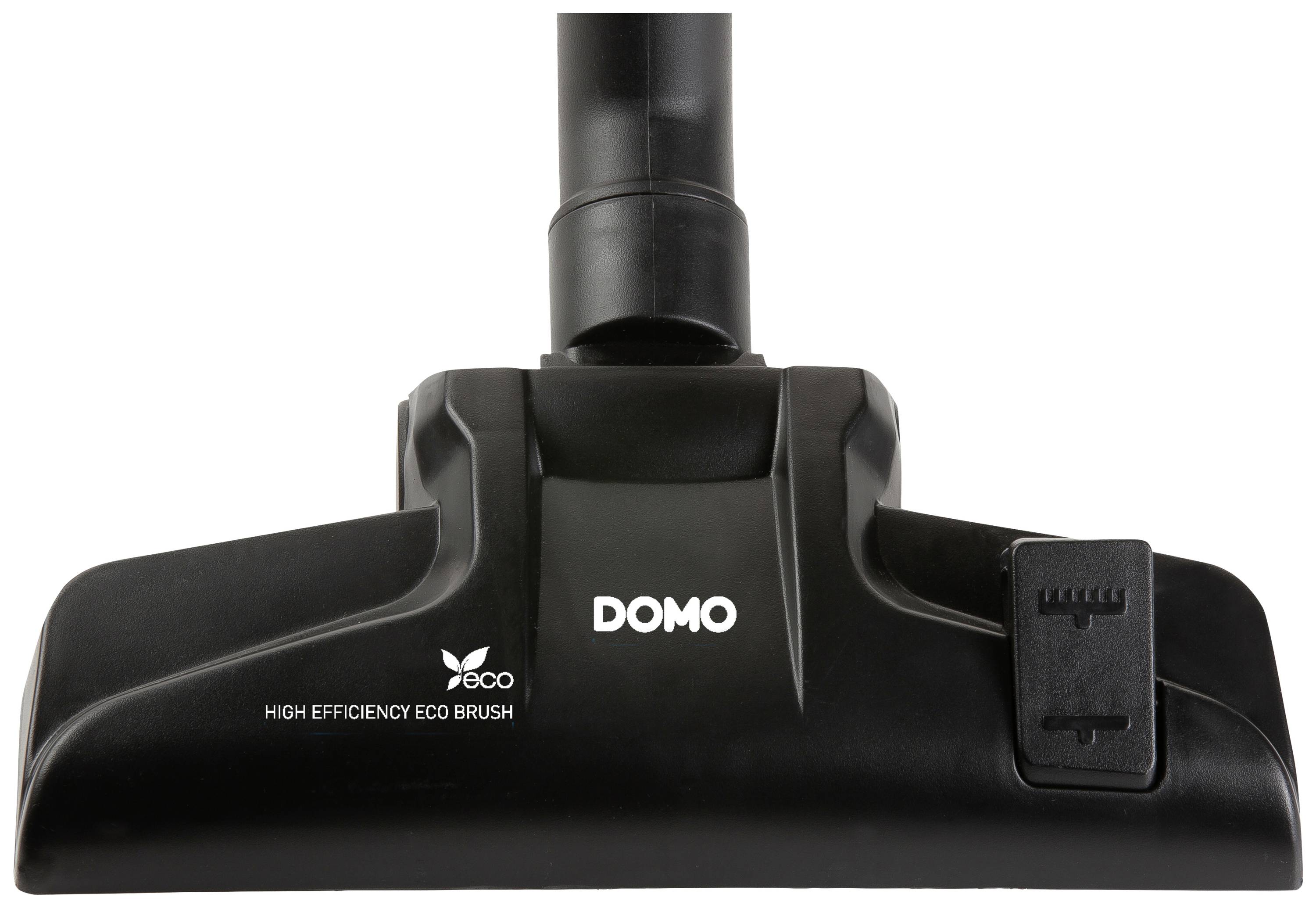 Crna mlaznica usisavača s logotipom 'DOMO' i natpisom 'HIGH EFFICIENCY ECO BRUSH'. Pogodna za učinkovito i ekološki prihvatljivo usisavanje.