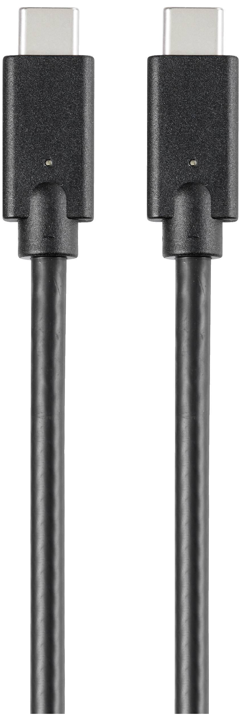 Dva crna USB-C kabela jedan do drugog, svaki s USB-C utikačem na oba kraja, pred bijelom pozadinom.