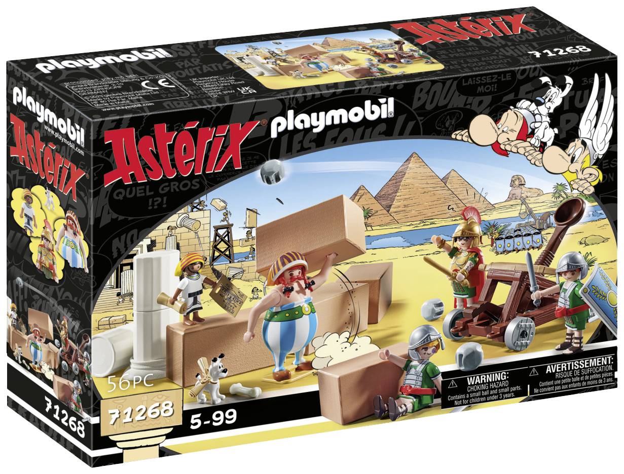 Ambalaža Playmobil seta 'Asterix': Rimljani i Egipćani grade kockicama ispred piramida. Sadrži 56 dijelova, za dob 5-99.