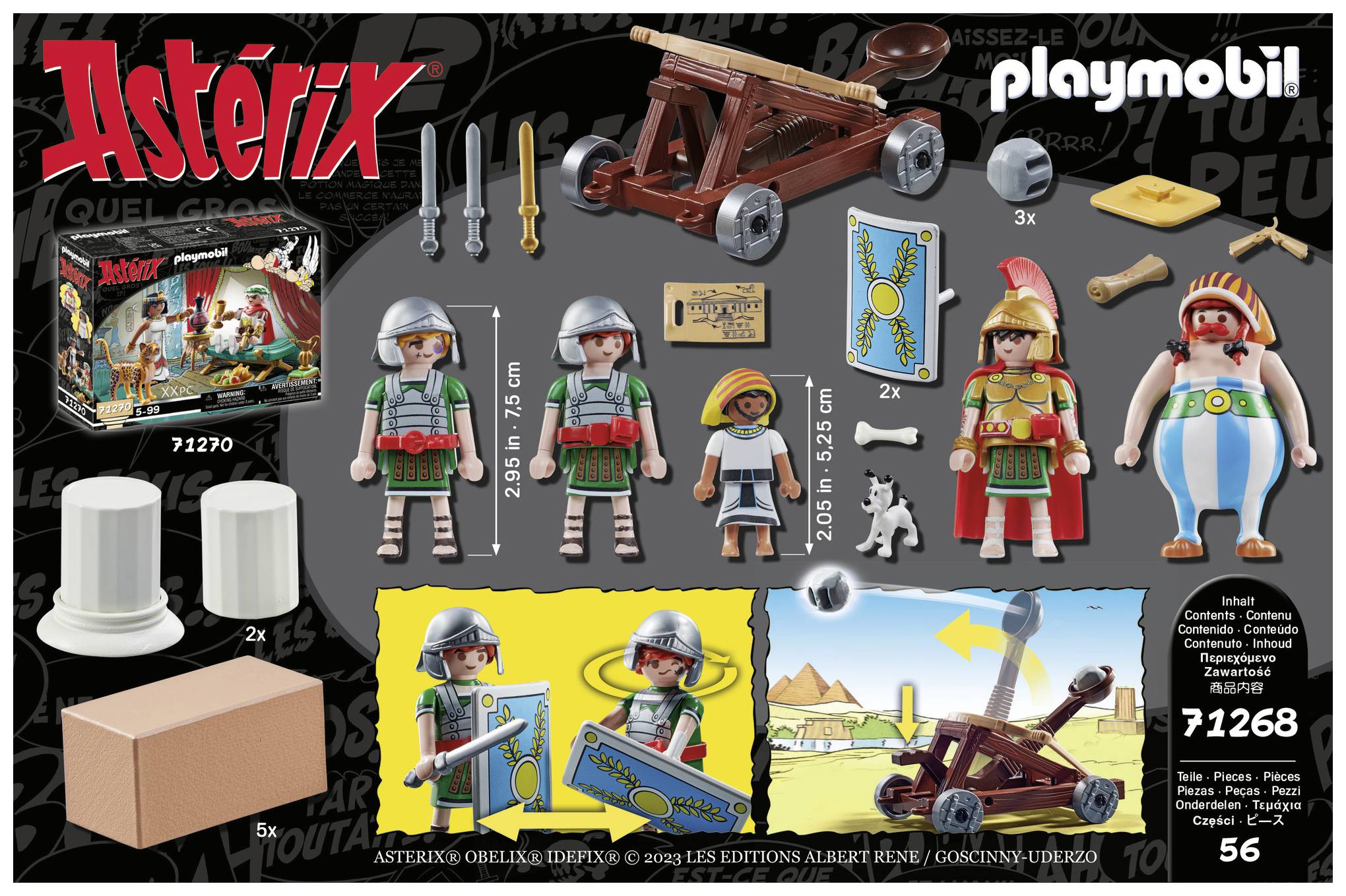 'Playmobil Asterix-Set, sadrži rimske i galske figure, oružje, katapult i opremu. Na slici su prikazane figure i dijelovi seta.'