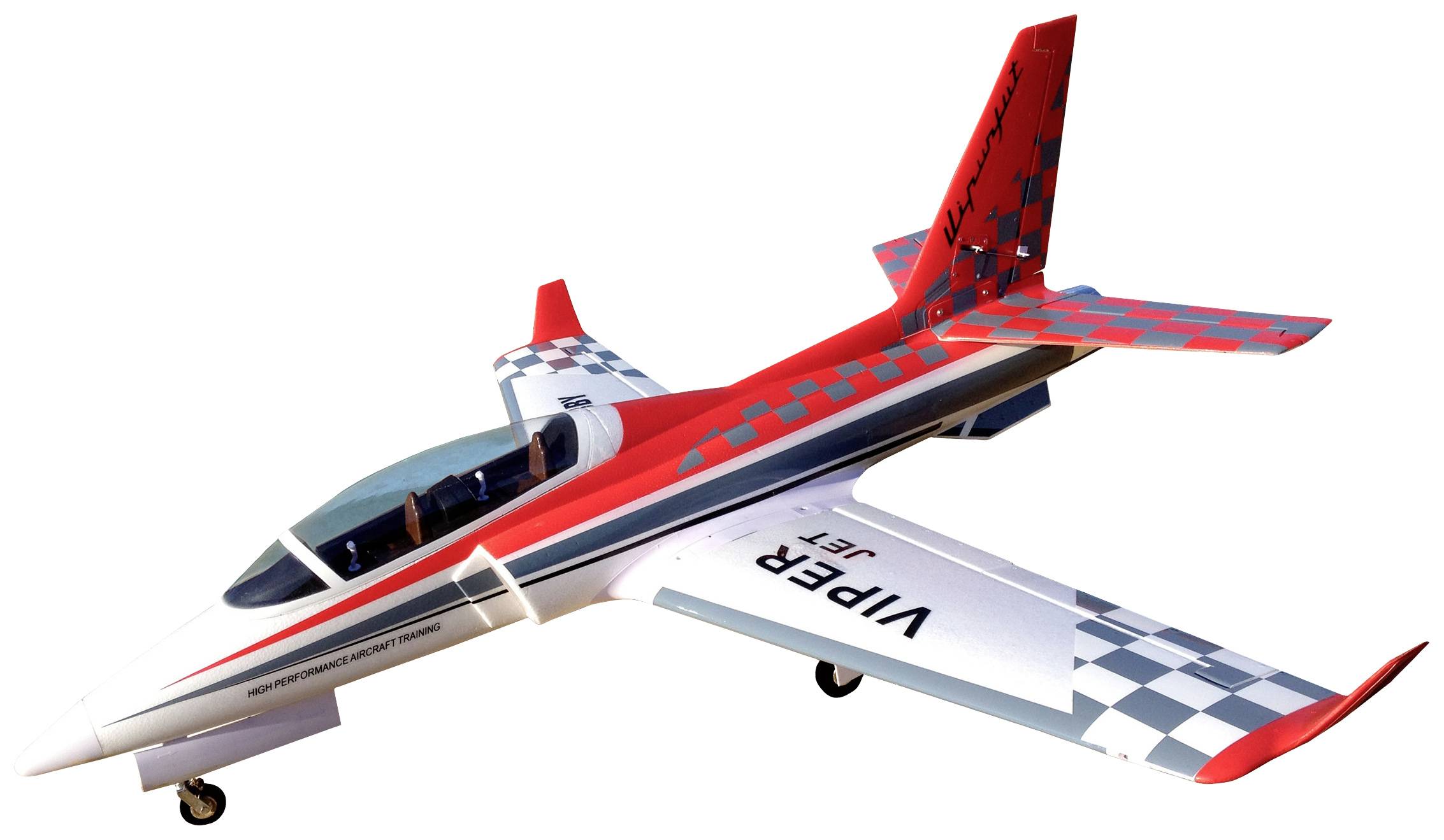 Model zrakoplova u crveno-bijelo-plavim prugama s natpisom 'VIPER JET' na krilima, snimljen sa strane.