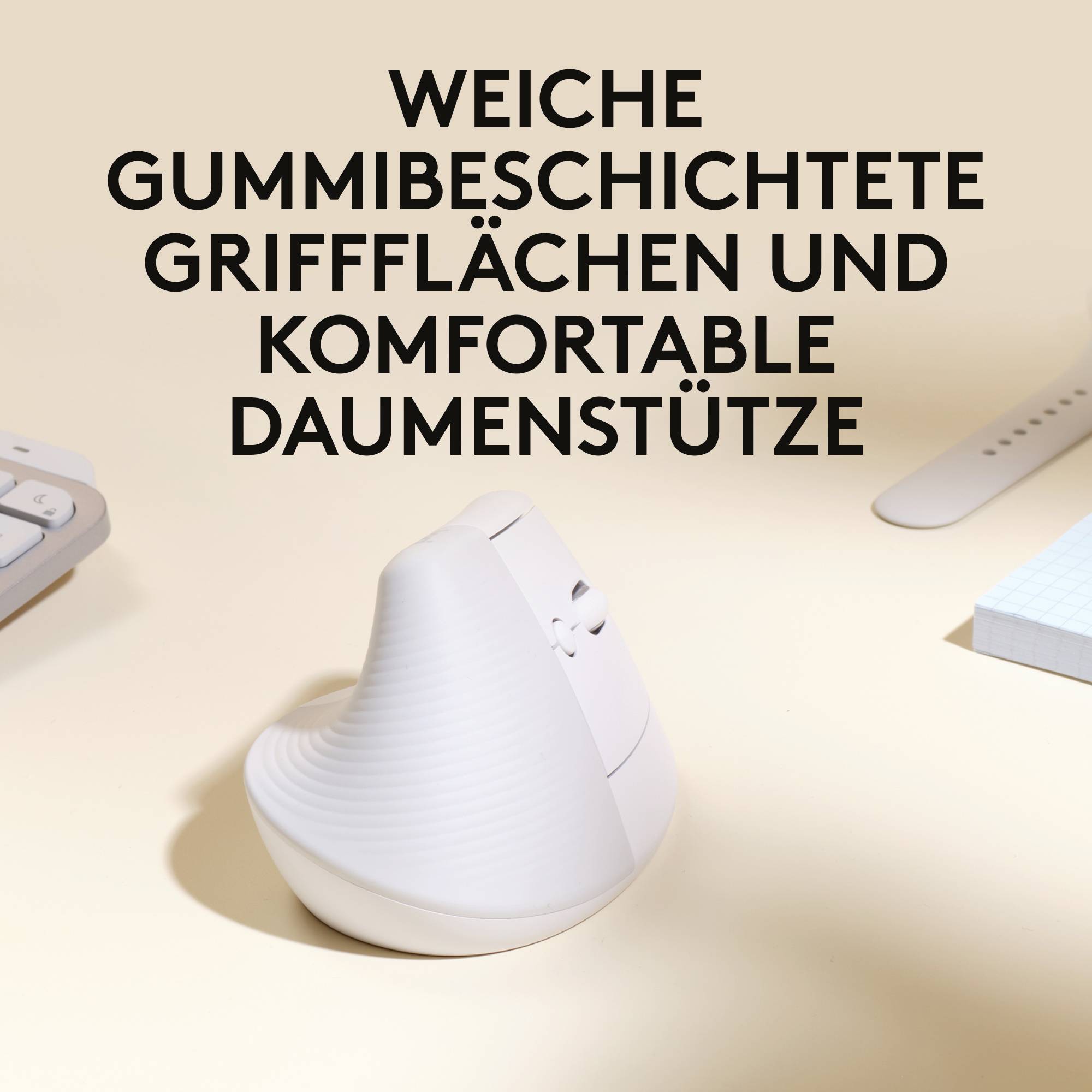 Bijeli ergonomski računalni miš s mekanom gumenom prevlakom i osloncem za palac, postavljen na svijetloj pozadini.
