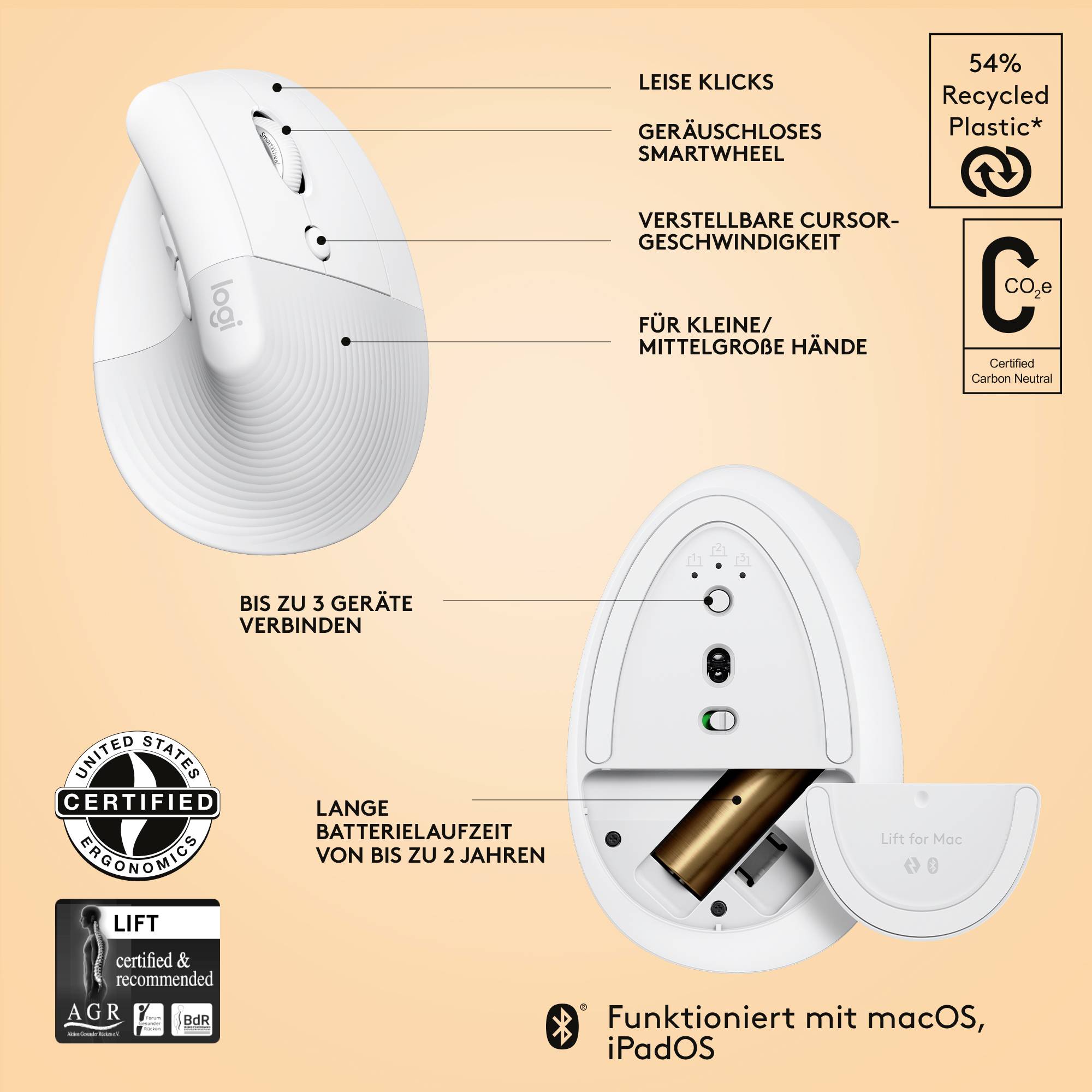 Bežični ergonomski miš, pogodan za male/srednje ruke. Povezuje do 3 uređaja. Dugog trajanja baterije. Podržava macOS, iPadOS. Ekološki prihvatljiv, izrađen od recikliranih materijala.
