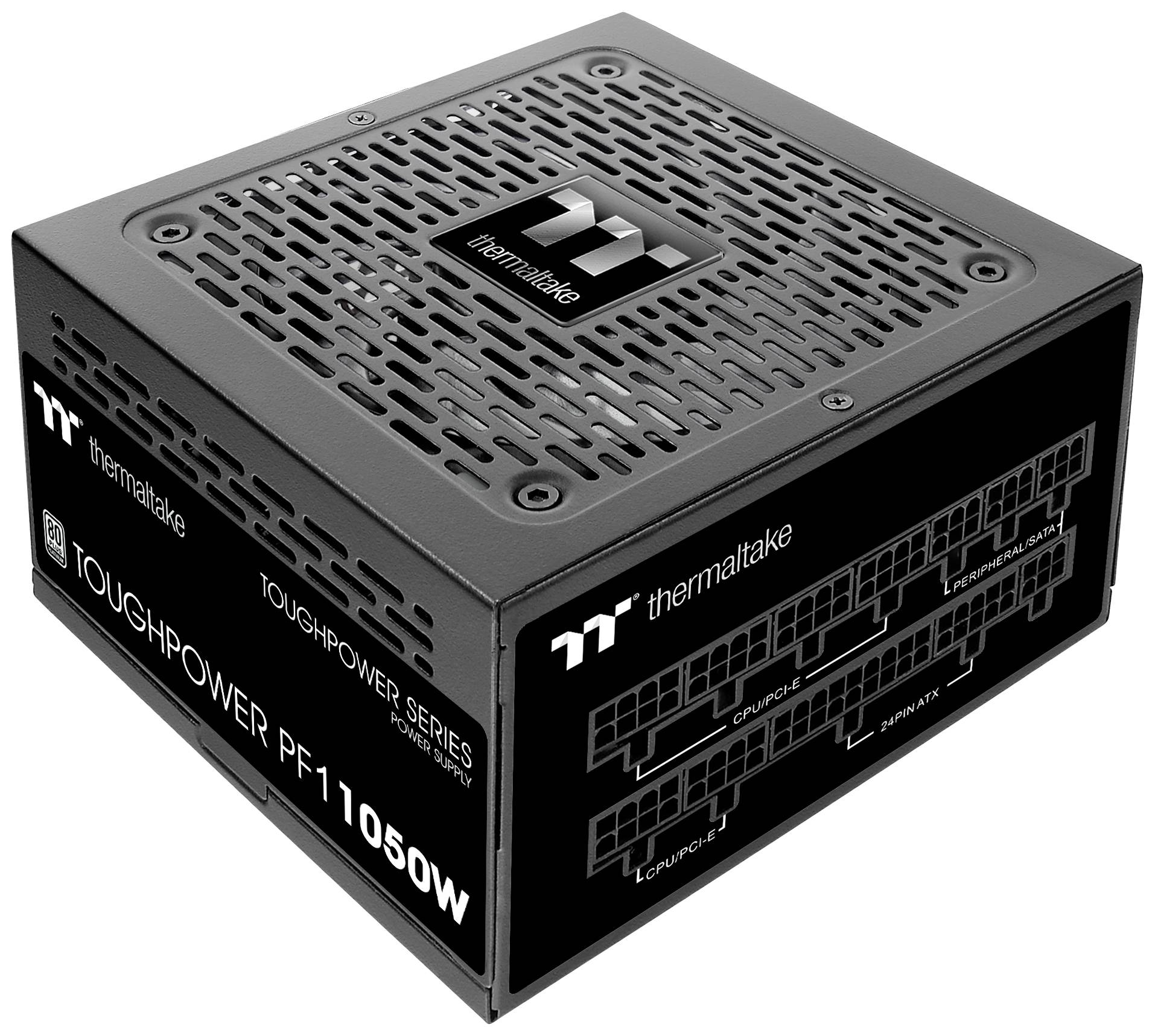 Crno Thermaltake napajanje 'TOUGHPOWER PF1 1050W' s kabelskim priključcima i ventilacijskim otvorima, za računalnu hardversku opremu.