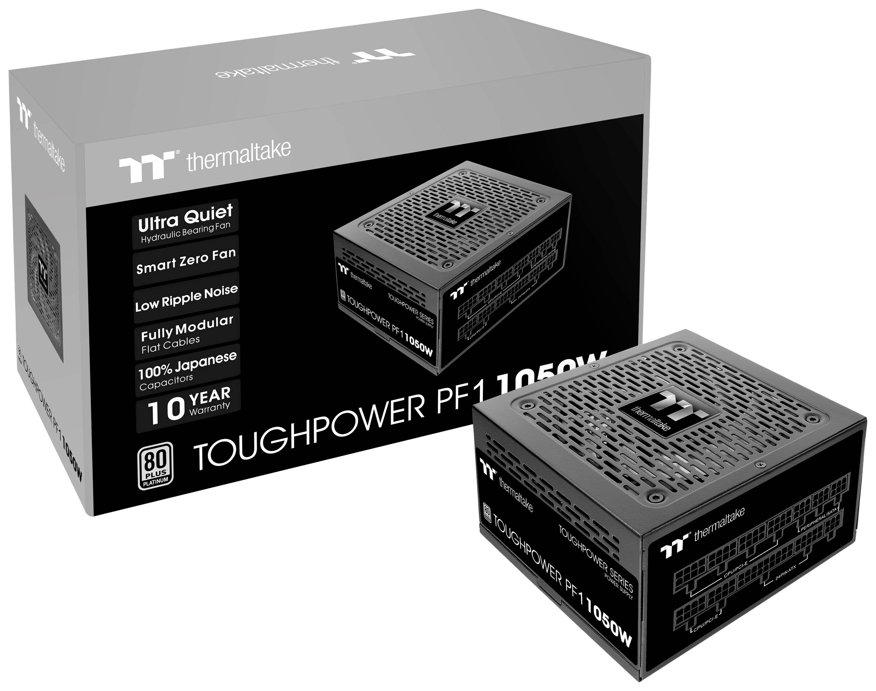 Napajanje marke Thermaltake Toughpower PF1 snage 1050 W. Na pakiranju piše 'Ultra Tiho' i 'Pametni Zero Ventilator'.