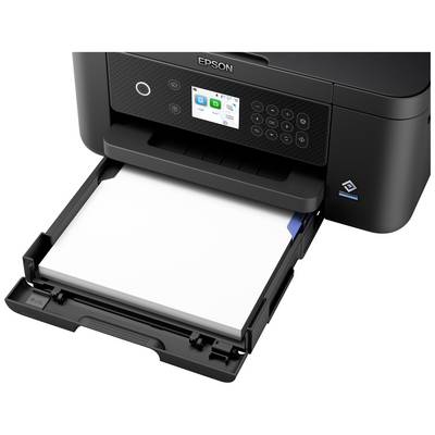 Crni Epson printer s otvorenim spremnikom papira koji sadrži bijele listove. Na zaslonu svijetle različiti simboli.