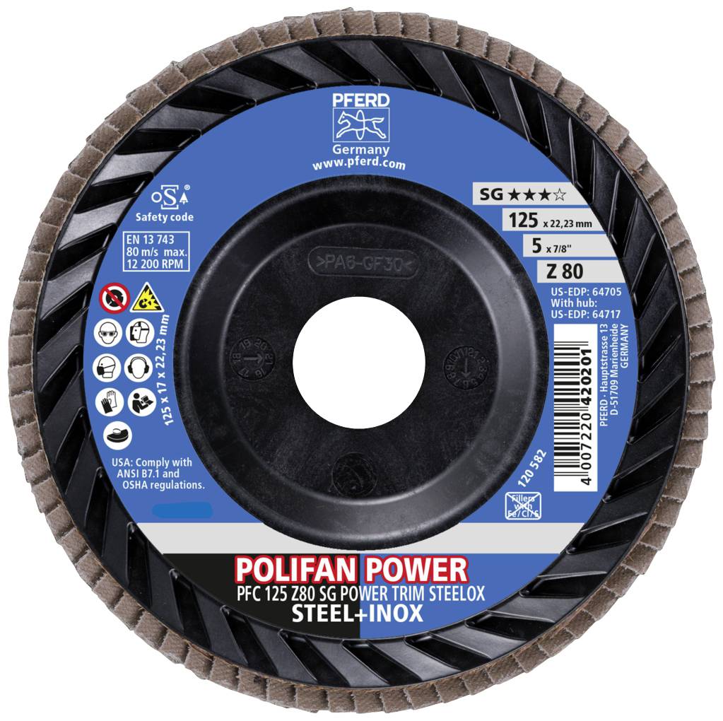 'POLIFAN POWER' lepezasti disk tvrtke PFERD, pakiran za sigurnu upotrebu na nehrđajućem čeliku. Različiti detalji i sigurnosne informacije otisnuti su na etiketi.