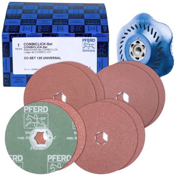 PFERD TOOLS 42098001 COMBICLICK set fiber diskova od korunda Ø125 mm A36, 60, 80, 120 s podlogom CC-H-GT za univerzalne primjene promjer 125 mm