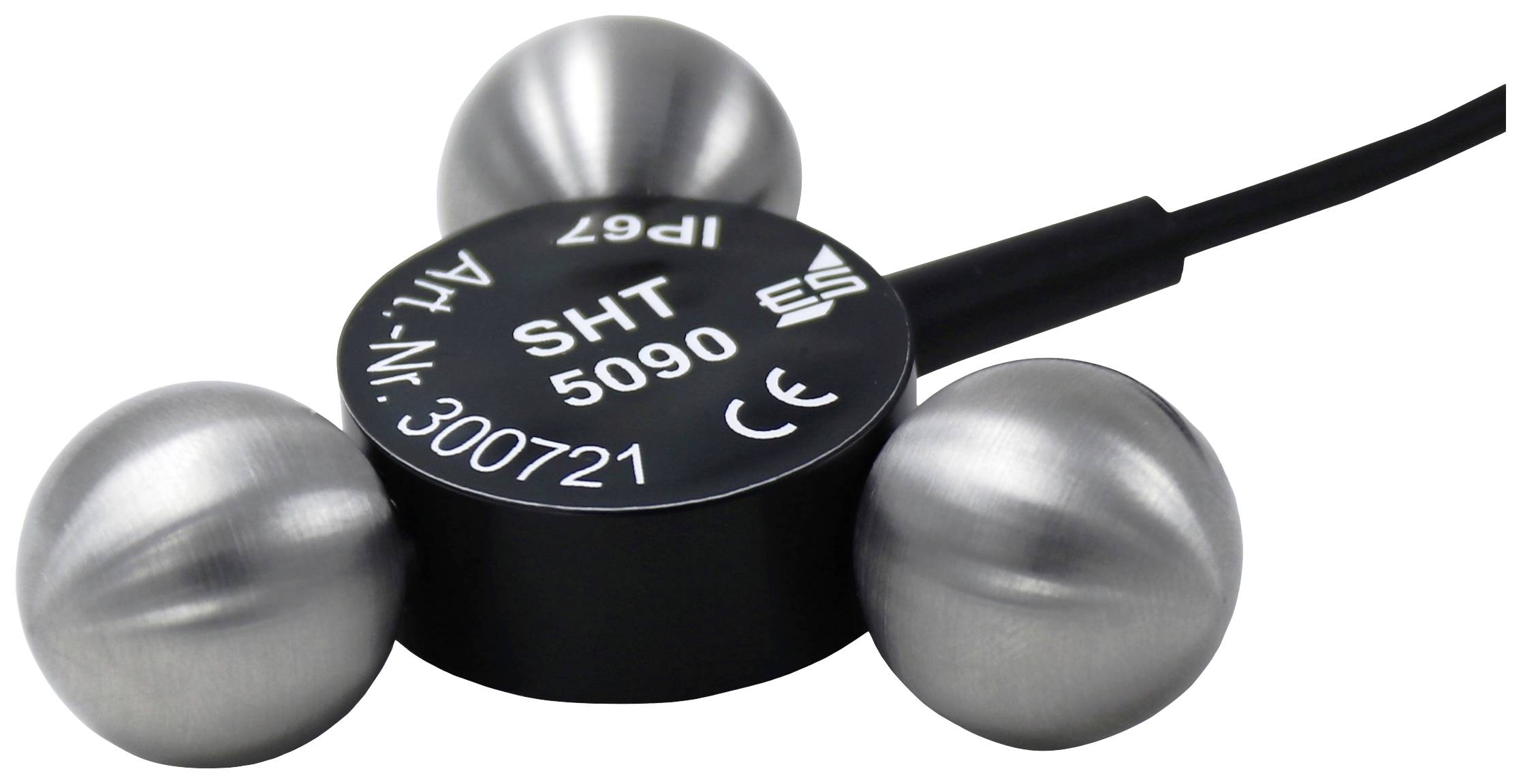 Crni senzor s natpisom 'SHT 5090' ima četiri metalne kugle na svojim krajevima i kabel.