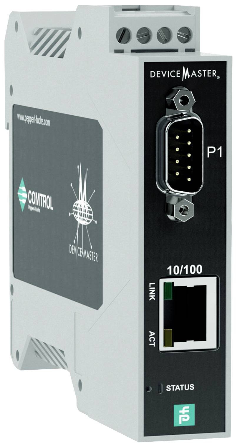 Industrijski uređaj za umrežavanje, s serijskim i Ethernet priključkom. Označen kao 'DeviceMaster', model 'P1'.