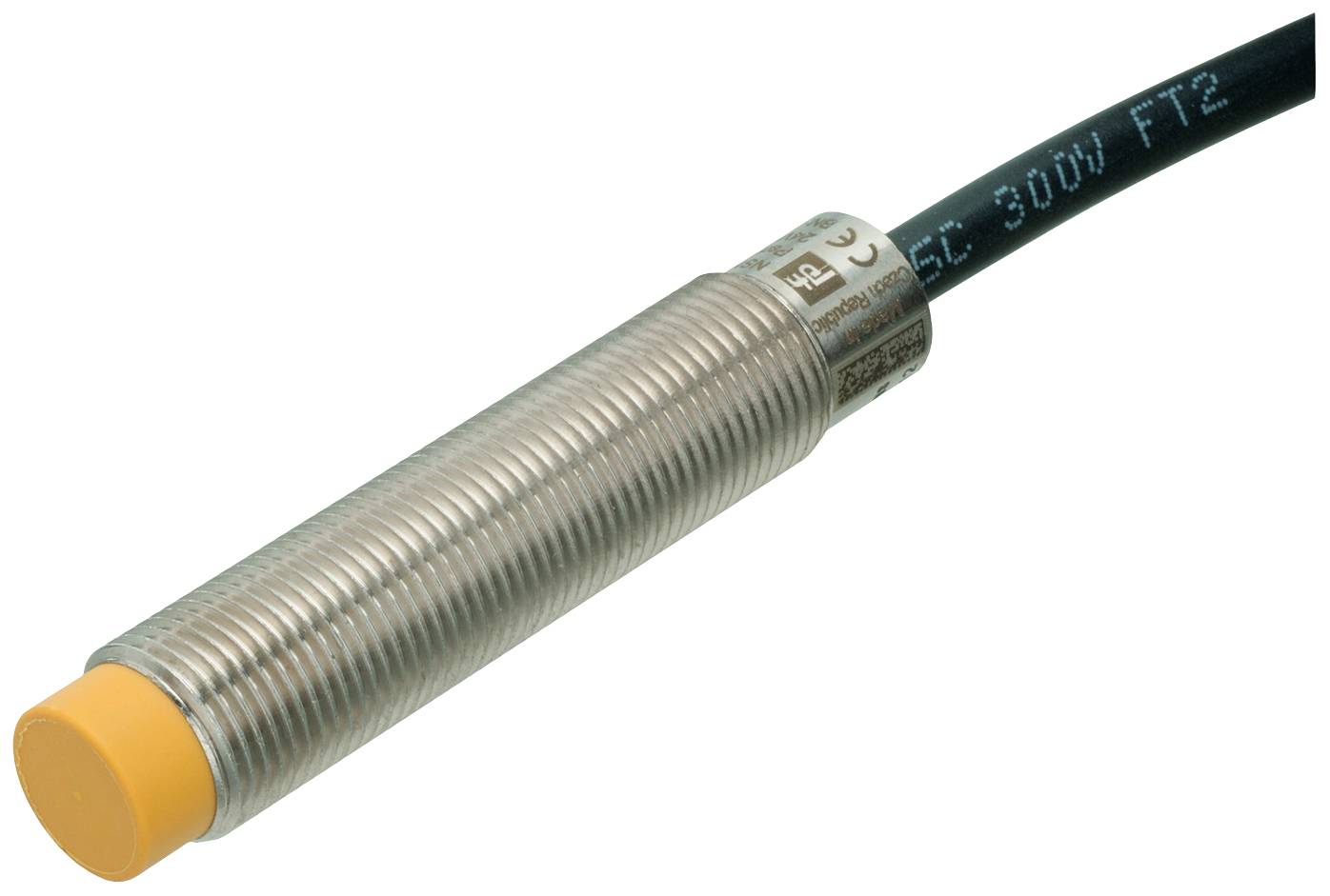 Cilindrični senzor s metalnim kućištem i narančastim vrhom, spojen na crni kabel.