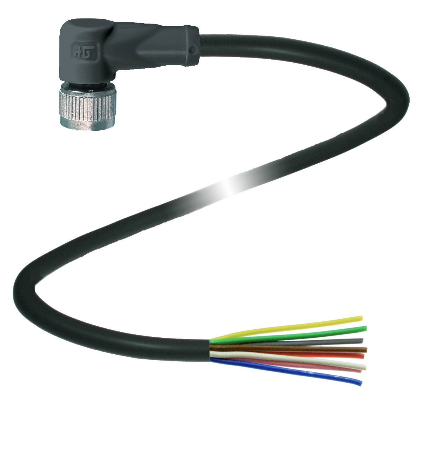 Crni kabel s kutnim utikačem i šest obojenih krajevima žica: žuti, zeleni, bijeli, plavi, crveni i smeđi.