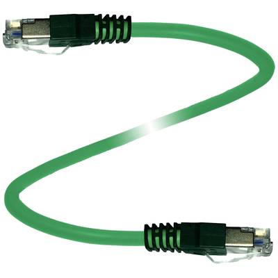 Zeleni Ethernet kabel s RJ45 utikačima na oba kraja, ispred bijele pozadine.