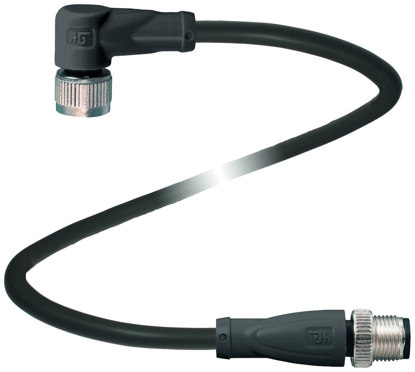 Crni kabel s kutnim utikačem na jednoj strani i ravnim utikačem na drugoj strani, oba s metalnim navojem.