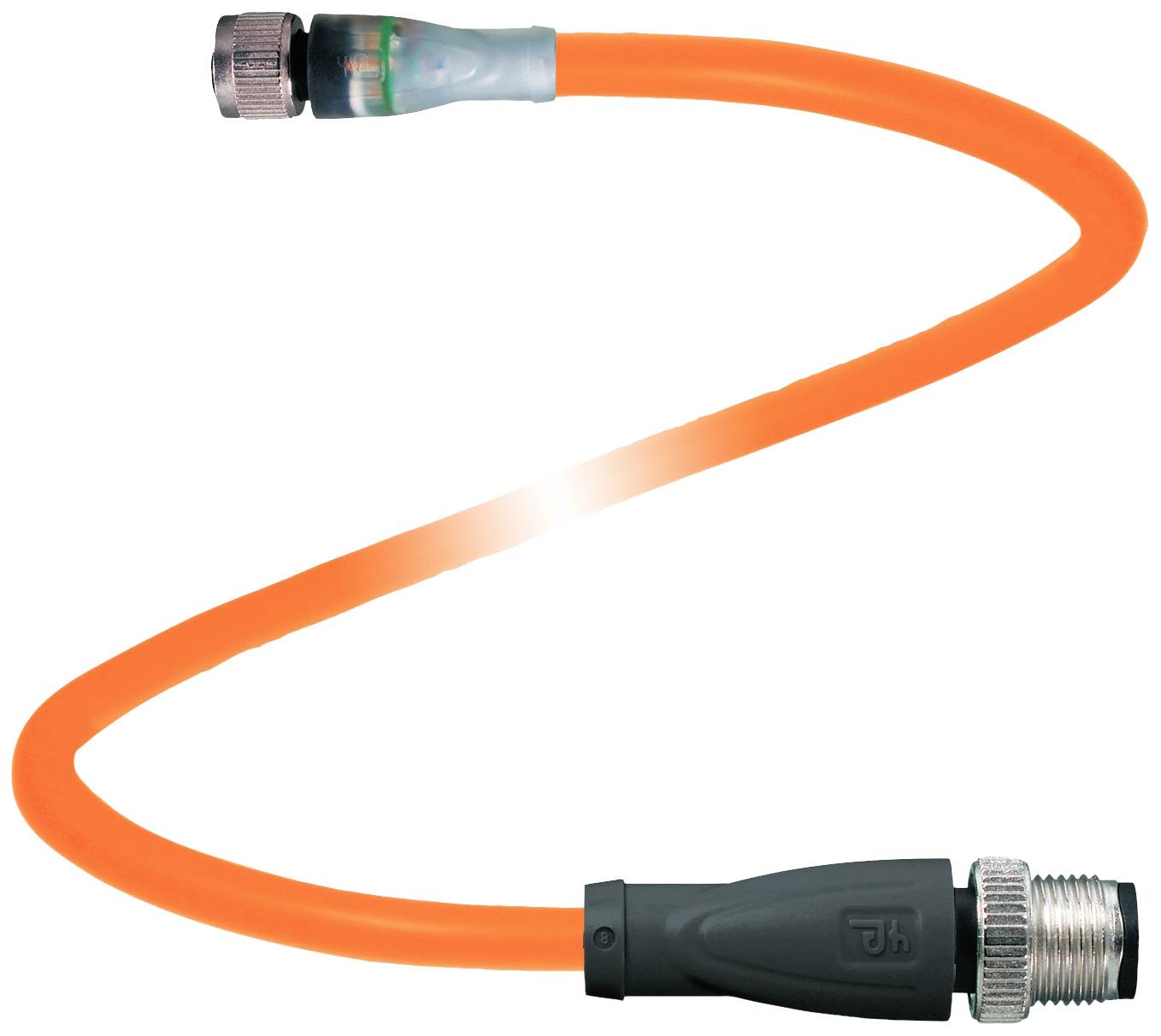 Narančasti, fleksibilni električni kabel s utikačima na oba kraja, djelomično zaštićen, prikazuje zakrivljeni oblik.